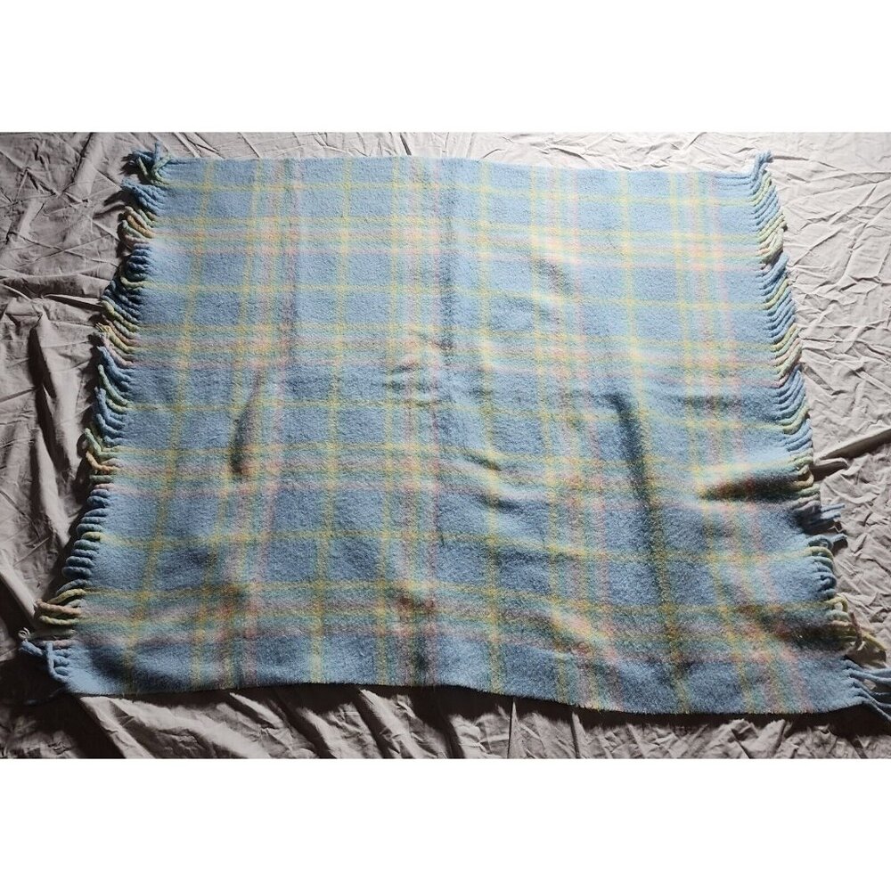 Blue Yellow Pink Plaid Fringe Blanket Made in Italy 36x50 Acrylic Wool Blend